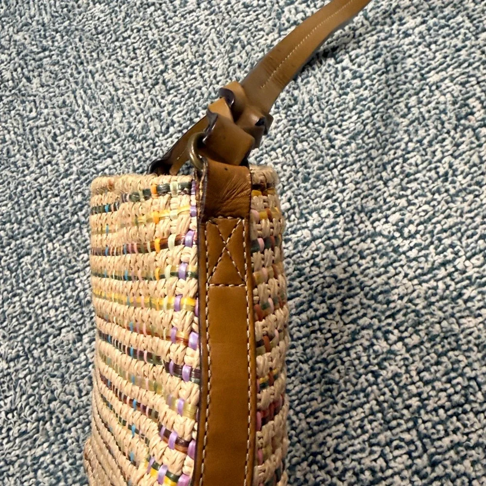 Fossil Multi-Color Woven Straw Leather Trim Shoulder Bag Tan Plaid Handbag